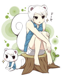 Rule 34 | 1boy, :&lt;, animal ears, azumakuro, barefoot, black eyes, blush, blush stickers, chestnut mouth, animal crossing, dual persona, frown, hugging own legs, male focus, marshal (animal crossing), nintendo, open mouth, personification, short hair, shorts, sitting, solo, squirrel, squirrel ears, squirrel tail, tail, white hair