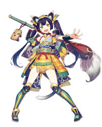 Rule 34 | 1girl, :d, animal ear fluff, animal ears, arm guards, armor, bell, black collar, black hair, black legwear, blue kimono, brown footwear, calligraphy brush, cat ears, cat girl, cat tail, collar, commentary request, fang, full body, fuyuno yuuki, hand up, holding, holding sword, holding weapon, japanese armor, japanese clothes, jingle bell, katana, kimono, kusazuri, long hair, looking at viewer, neck bell, open mouth, original, outstretched arm, oversized object, paintbrush, sandals, short sleeves, shoulder armor, simple background, smile, sode, solo, standing, sword, tail, twintails, v-shaped eyebrows, very long hair, weapon, white background, wide sleeves, yellow eyes, zouri