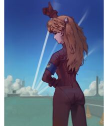 Rule 34 | armband, ass, blue eyes, bodysuit, fdj, free german youth, from behind, highres, interface headset, neon genesis evangelion, orange hair, pilot suit, plugsuit, red bodysuit, russiansiscon, skin tight, sky, solo, souryuu asuka langley, thumbs up, traffic cone