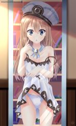 Rule 34 | 1girl, bare shoulders, blanc (neptunia), blanc (neptunia) (cosplay), blue eyes, blush, book, bookshelf, breasts, brown hair, clothes lift, commentary, cosplay, cowboy shot, dress, dress lift, hand up, hat, helvetica std, highres, indoors, lifted by self, long hair, looking at mirror, loose clothes, mirror, neptune (series), open mouth, panties, pointing, pointing at self, ram (neptunia), reflection, small breasts, solo, spaghetti strap, strap slip, thighs, underwear, white dress, white panties