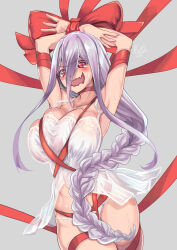 Rule 34 | 1girl, alternate breast size, arms behind head, arms up, babydoll, braid, breast press, breasts, crossed legs, embarrassed, female focus, grey background, huge breasts, jojo pose, kumo desu ga nani ka?, kumoko (kumo desu ga nani ka?), large ribbon, lingerie, long hair, looking at viewer, nail polish, nervous, nervous smile, open mouth, outstretched hand, panties, pink nails, presenting, red eyes, red ribbon, restrained, ribbon, ryo (sora-ryu), shiraori, simple background, smile, solo, standing, sweat, tears, thick thighs, thighs, underwear, very long hair, white babydoll, white hair, white panties