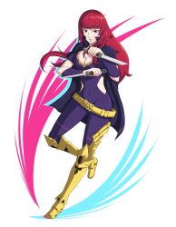 Rule 34 | 1girl, absurdres, belt, breasts, cape, cleavage, covered navel, ememtrp, facial mark, fire emblem, fire emblem engage, highres, knife, large breasts, long hair, looking at viewer, medium breasts, nintendo, pale skin, purple cape, red eyes, red hair, simple background, star (symbol), yellow belt, yunaka (fire emblem)