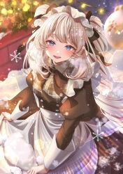 Rule 34 | 1girl, absurdres, apron, black bow, black bowtie, black dress, black ribbon, blue eyes, bow, bowtie, breath, christmas lights, christmas ornaments, commentary, dress, fate/grand order, fate (series), grey hair, highres, long hair, maid, marie antoinette (fate), open mouth, plaid, puffy sleeves, ribbon, snow, snowflakes, snowing, solo, symbol-only commentary, teeth, totomiya, twintails, white apron