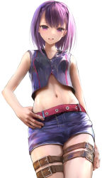 Rule 34 | 1girl, bare shoulders, blue shorts, blush, breasts, fate/grand order, fate (series), helena blavatsky (fate), highres, looking at viewer, navel, open mouth, purple eyes, purple hair, sakazakinchan, short hair, short shorts, shorts, small breasts, smile, solo, thigh strap, thighs
