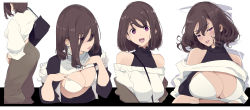 Rule 34 | 1girl, :d, bag, bare shoulders, between breasts, blush, bra, bracelet, breasts, brown hair, cleavage, clothes lift, hair between eyes, half-closed eyes, handbag, head tilt, highres, jewelry, large breasts, looking at viewer, mikoto akemi, multiple views, off shoulder, open mouth, original, pants, parted lips, purple eyes, shirt, shirt lift, sleeveless, sleeveless shirt, smile, strap between breasts, sweater, sweater lift, two-tone background, underwear, white bra, white sweater