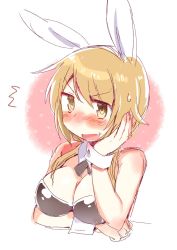 Rule 34 | 1girl, angry, animal ears, arm under breasts, blonde hair, blush, bow, bowtie, breasts, detached collar, fake animal ears, hair over shoulder, hand on own head, highres, ichii yui, leotard, low twintails, open mouth, playboy bunny, rabbit ears, short hair, simple background, solo, sweatdrop, tatsunokosso, twintails, upper body, wrist cuffs, yellow eyes, yuyushiki