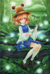Rule 34 | 1girl, animal, blonde hair, breasts, bug, butterfly, commentary request, forest, hat, insect, kneehighs, leaf umbrella, loafers, long sleeves, marker (medium), moriya suwako, mosho, moss, nature, pond, purple skirt, purple vest, shirt, shoes, signature, sitting, skirt, skirt set, small breasts, socks, touhou, traditional media, tree, vest, white shirt, white socks, wide sleeves, yellow eyes