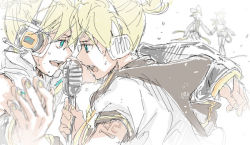 Rule 34 | 2boys, 2girls, aqua eyes, arm warmers, bad id, bad pixiv id, blonde hair, brother and sister, dual persona, hair ornament, hairclip, headphones, kagamine len, kagamine len (append), kagamine rin, kagamine rin (append), kai (charcoal), kai (pixiv463508), microphone, microphone stand, multiple boys, multiple girls, music, open mouth, short hair, siblings, singing, smile, sweat, twins, vocaloid, vocaloid append