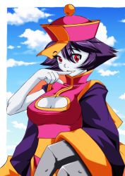 Rule 34 | 1990s (style), 1girl, anime coloring, bell sleeves, blue skin, blue sky, border, bow, breasts, chinese clothes, claw (weapon), cleavage, cleavage cutout, clothing cutout, cloud, cloudy sky, colored skin, commentary, commentary request, day, dress, edie almeida, english commentary, eyes visible through hair, finger to mouth, flipped hair, grin, hair between eyes, hand up, hat, high collar, highres, jiangshi, large breasts, lei lei, mandarin collar, ofuda, outdoors, outside border, pink dress, pink hat, qingdai guanmao, red eyes, retro artstyle, sash, short hair, sky, smile, solo, vampire (game), waist bow, weapon, white border, yellow bow, yellow sash
