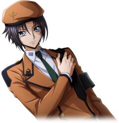 Rule 34 | 1boy, arm at side, armband, artist request, beret, black hair, blue eyes, buttons, closed mouth, code geass, code geass: lost stories, collared shirt, cropped torso, dutch angle, game cg, green necktie, hand on own chest, hand up, hat, jacket, long sleeves, male focus, mario disel, necktie, non-web source, official art, orange hat, orange jacket, serious, shirt, short hair, sidelocks, simple background, solo, standing, transparent background, upper body, v-shaped eyebrows, white shirt