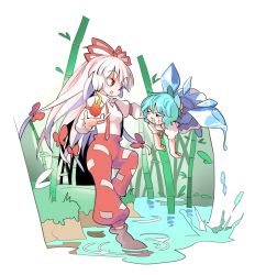 Rule 34 | 2girls, albino, bad id, bad twitter id, bamboo, bamboo forest, blue eyes, blue hair, boots, bow, cirno, dress, fire, forest, fujiwara no mokou, full body, hair bow, hair ornament, hair ribbon, ice, ice wings, long hair, long sleeves, looking at another, melting, moyazou (kitaguni moyashi seizoujo), multiple girls, nature, open mouth, pants, puffy sleeves, red eyes, ribbon, shirt, short hair, short sleeves, smile, sweat, touhou, water, white hair, wings