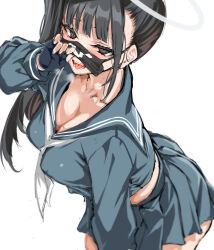 Rule 34 | 1girl, black hair, black mask, blue archive, blue serafuku, blunt bangs, blush, breasts, breath, cle masahiro, cleavage, collarbone, cropped shirt, fingerless gloves, gloves, halo, highres, large breasts, leaning forward, long sleeves, looking at viewer, mask, mask lift, mouth mask, neckerchief, pleated skirt, school uniform, serafuku, side ponytail, simple background, skirt, solo, sukeban (smg) (blue archive), tongue, tongue out, white background, white neckerchief