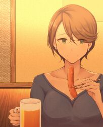 Rule 34 | 1girl, alcohol, beer, beer mug, blue shirt, breasts, brown hair, chopsticks, cleavage, closed mouth, collarbone, cup, earrings, food, green eyes, hands up, highres, holding, holding chopsticks, holding cup, idolmaster, idolmaster cinderella girls, idolmaster cinderella girls starlight stage, indoors, izakaya, jewelry, large breasts, licolicorice, mug, sausage, shinohara rei, shirt, short hair, short sleeves, smile, solo