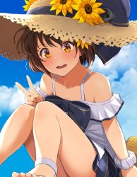 Rule 34 | 1girl, 2021, blue bow, blue sky, bow, brown hair, character name, cloud, day, dress, flower, hat, hat flower, kantai collection, off-shoulder dress, off shoulder, open mouth, orange eyes, outdoors, sandals, short hair, sky, solo, straw hat, summer, upper body, v, watanore, white dress, yellow flower, yukikaze (kancolle)