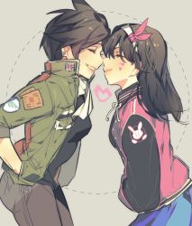 Rule 34 | 2girls, bad id, bad twitter id, commentary request, d.va (overwatch), denim, earrings, facial mark, hairband, hands in pockets, jacket, jeans, jewelry, multiple girls, noses touching, overwatch, overwatch 1, pants, scarf, smile, tracer (overwatch), union jack, va (phrase), whisker markings, yuri