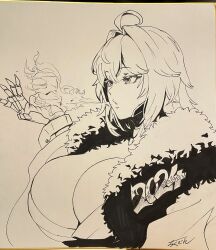 Rule 34 | 1girl, 2024, ahoge, breasts, breath weapon, breathing fire, chikuden, fire, fur collar, goddess of victory: nikke, hair intakes, highres, huge breasts, japanese clothes, kimono, long hair, mechanical hands, monochrome, nihilister (nikke), sidelocks, solo, traditional media