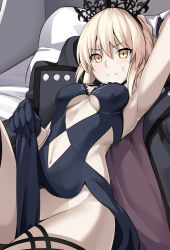 Rule 34 | 1girl, arm up, armpits, artoria pendragon (all), artoria pendragon (alter swimsuit rider) (fate), artoria pendragon (alter swimsuit rider) (third ascension) (fate), artoria pendragon (fate), bikini, black bikini, black gloves, black legwear, blonde hair, blush, breasts, closed mouth, convenient censoring, fate/grand order, fate (series), gloves, jacket, jacket on shoulders, looking at viewer, lying, maid, maid bikini, navel, on back, pale skin, saber alter, shiseki hirame, small breasts, solo, swimsuit, tiara, unconventional maid, yellow eyes