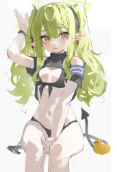 Rule 34 | 1girl, absurdres, alternate hairstyle, bikini, black bikini, black tail, blue archive, blush, breasts, demon tail, feet out of frame, green hair, green halo, halo, highres, hikari (blue archive), long hair, looking at viewer, navel, open mouth, pointy ears, sketch, small breasts, solo, swimsuit, tail, twintails, yellow eyes, yonchan