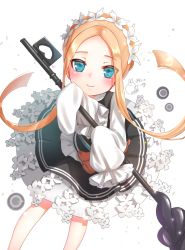 Rule 34 | 1girl, abigail williams (fate), apron, black skirt, blonde hair, blue eyes, bow, butterfly hair ornament, fate/grand order, fate (series), hair ornament, heroic spirit chaldea park outfit, key, long hair, looking at viewer, maid, maid apron, maid headdress, orange bow, parted bangs, skirt, sleeves past fingers, sleeves past wrists, stuffed animal, stuffed toy, teddy bear, white bow, yukiririn