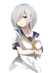 Rule 34 | 10s, 1girl, :o, bad id, bad pixiv id, breasts, collarbone, gloves, hair ornament, hair over one eye, hairclip, hamakaze (kancolle), hand on own chest, highres, kantai collection, large breasts, long hair, miyabino (miyabi1616), neckerchief, open mouth, school uniform, serafuku, short sleeves, silver hair, simple background, solo, upper body, white background, white gloves, yellow neckerchief
