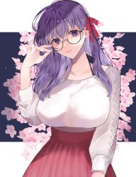 Rule 34 | 1girl, adjusting eyewear, breasts, cherry blossoms, collarbone, commentary, commentary request, fate/stay night, fate (series), floral background, flower, glasses, hair ribbon, hand up, highres, huge breasts, large breasts, long hair, long neck, long sleeves, looking at viewer, matou sakura, parted lips, pink skirt, purple eyes, purple hair, red ribbon, red skirt, ribbon, semi-rimless eyewear, shimatori (sanyyyy), skirt, solo, sweater, sweater tucked in, symbol-only commentary, teeth, white sweater