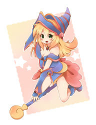 Rule 34 | 1girl, :d, bad id, bad pixiv id, bare shoulders, blonde hair, blue footwear, blush, blush stickers, boots, breasts, cleavage, dark magician girl, detached sleeves, duel monster, green eyes, hand on headwear, hat, highres, kofa (ikyurima), long hair, open mouth, pentacle, smile, solo, staff, weapon, yu-gi-oh!, yuu-gi-ou, yu-gi-oh! duel monsters