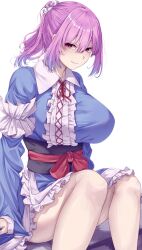 Rule 34 | 1girl, alternate hairstyle, blue dress, blue kimono, breasts, dress, feet out of frame, frilled kimono, frilled sleeves, frills, gradient hair, highres, japanese clothes, kimono, large breasts, looking at viewer, mirufui, multicolored hair, pink hair, ponytail, saigyouji yuyuko, simple background, sitting, solo, touhou, white background