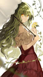 Rule 34 | 1girl, adapted costume, alternate hair length, alternate hairstyle, bare shoulders, blouse, closed mouth, commentary request, flower, from side, fuepo, green hair, high-waist skirt, highres, holding, holding flower, holding umbrella, kazami yuuka, light smile, long hair, looking at viewer, parasol, plant, red skirt, shirt, simple background, sketch, skirt, solo, touhou, umbrella, vines, white background, white shirt, yellow eyes