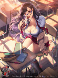 Rule 34 | 10s, 1girl, 2013, black hair, black socks, blue-framed eyewear, book, breasts, candy, cardigan, chair, chigira rinan, classroom, cleavage, dated, desk, dress shirt, eraser, food, furyou michi ~gang road~, glasses, large breasts, lens flare, loafers, lollipop, long hair, looking at viewer, looking over eyewear, love cacao, mechanical pencil, notebook, off shoulder, pencil, pencil case, plaid, plaid skirt, pleated skirt, purple hair, red eyes, school, school uniform, shirt, shoes, sitting, skirt, sleeves past wrists, socks, solo, sweater, tongue, tongue out, unbuttoned, wind