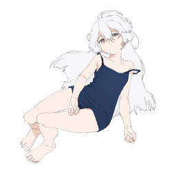 1girl absurdres barefoot check_copyright copyright_request expressionless flat_chest full_body grey_eyes highres looking_at_viewer one-piece_swimsuit original simple_background sketch solo swimsuit syasyajin white_background white_hair
