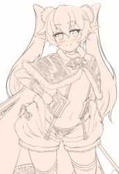 Rule 34 | 1girl, blush, cape, choker, cowboy shot, eyebrows, gauntlets, hair between eyes, hair ornament, ichina (osabakitina), long hair, midriff, monochrome, navel, original, pointy ears, sepia, simple background, smile, solo, standing, very long hair, white background