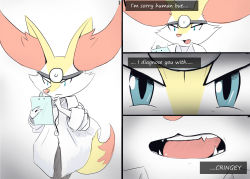 Rule 34 | 1girl, :3, animal ear fluff, animal ears, animal nose, arrow (symbol), black fur, blue eyes, body fur, braixen, clipboard, close-up, closed mouth, clothed pokemon, coat, collar, comic, creatures (company), doctor, english text, eryz, fang, fangs, female focus, flat chest, fox ears, fox girl, fox tail, furry, furry female, game freak, gen 6 pokemon, hands up, head mirror, highres, holding, holding clipboard, jpeg artifacts, long sleeves, looking at viewer, motion lines, multiple views, nintendo, open mouth, pokemon, pokemon (creature), sideways mouth, simple background, sketch, snout, standing, stethoscope, straight-on, tail, talking, tongue, white background, white coat, white fur, yellow fur