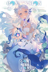 Rule 34 | 1girl, beads, bikini, bikini top only, blue eyes, bracelet, breasts, capelet, chinese commentary, collar, collared capelet, commentary request, commission, detached sleeves, eyelashes, fins, flower skirt, full body, gradient sleeves, grin, hair beads, hair ornament, head fins, high collar, highres, holding, holding shell, horns, jewelry, light blush, long hair, long sleeves, looking at viewer, mermaid, miniskirt, monster girl, nomi tongxue, ocean, on rock, original, pearl bracelet, purple collar, purple sleeves, rock, shell, single horn, sitting, sitting on rock, skirt, small breasts, smile, solo, swimsuit, tan, teardrop facial mark, watermark, waves, weibo logo, weibo watermark, wet, white bikini, white capelet, white hair, white horns, white skirt, white sleeves