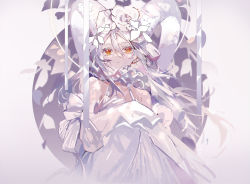 1girl, bare shoulders, closed mouth, collar, commentary request, commission, curled horns, disconnected mouth, dot nose, dress, floating hair, flower, frilled collar, frills, hair between eyes, hair flower, hair ornament, halter dress, halterneck, horns, long hair, looking at viewer, mamenomoto, off-shoulder dress, off shoulder, original, pixiv request, red eyes, sheep horns, sleeves past fingers, sleeves past wrists, solo, upper body, white dress, white flower, white hair, white horns, white theme