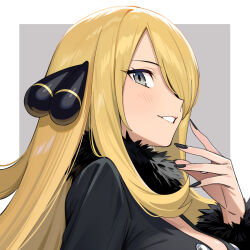 Rule 34 | 1girl, black coat, black nails, blonde hair, border, breasts, coat, creatures (company), cynthia (pokemon), from side, fur-trimmed coat, fur-trimmed sleeves, fur collar, fur trim, game freak, grey background, grey eyes, hair ornament, hair over one eye, hand up, highres, large breasts, long hair, long sleeves, looking at viewer, nail polish, nintendo, outside border, parted lips, pokemon, pokemon dppt, solo, white border, white mouth, xiaoxiao de kuangsan