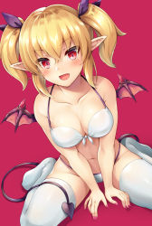 Rule 34 | 1girl, :d, bare arms, bare shoulders, between legs, bikini, blonde hair, blush, breasts, cleavage, collarbone, commentary request, demon girl, demon tail, demon wings, fang, front-tie bikini top, front-tie top, hair between eyes, halterneck, halterneck, highres, large breasts, long hair, looking at viewer, no shoes, open mouth, original, pointy ears, red eyes, samoore, sidelocks, sitting, smile, solo, swimsuit, tail, thighhighs, thighs, twintails, v arms, wariza, white bikini, white thighhighs, wings