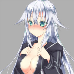Rule 34 | 10s, 1girl, black heart (neptunia), blush, breasts, cleavage, frown, grey background, long hair, minagi, neptune (series), noire (neptunia), open clothes, open shirt, shirt, solo, sweatdrop, symbol-shaped pupils, white hair