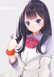 Rule 34 | 10s, 1girl, :t, absurdres, black hair, blue eyes, blush, bow, cardigan, closed mouth, collared shirt, commentary request, copyright name, dx (dekusu), grey background, gridman universe, hand up, head tilt, highres, long hair, looking at viewer, off shoulder, orange scrunchie, playing with own hair, red bow, scrunchie, shirt, simple background, solo, ssss.gridman, takarada rikka, twitter username, upper body, white cardigan, white shirt, wrist scrunchie