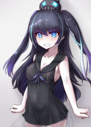 Rule 34 | 1girl, abyssal ship, black hair, blue eyes, blue hair, blush, breasts, character name, cleavage, clenched teeth, collarbone, commentary request, covered erect nipples, dock princess, highres, kantai collection, kihou no gotoku dmc, long hair, medium breasts, multicolored hair, navel, object on head, purple hair, shirt, sideboob, sleeveless, sleeveless shirt, solo, standing, teeth, twintails, two side up