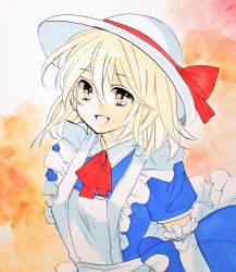 Rule 34 | 1girl, :d, apron, arm behind back, blonde hair, blue dress, bow, commentary, dress, elbow gloves, frilled apron, frilled gloves, frills, gloves, hair between eyes, hat, hat bow, hat ribbon, kana anaberal, looking at viewer, maid apron, matsuppoi, neck ribbon, open mouth, orange background, puffy short sleeves, puffy sleeves, red bow, red ribbon, ribbon, short hair, short sleeves, sidelocks, smile, solo, splatter background, sun hat, touhou, touhou (pc-98), traditional media, white gloves, white hat, yellow eyes