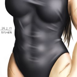 Rule 34 | 1girl, abs, breasts, close-up, dated, head out of frame, large breasts, leotard, m.u.g.e.n, muscular, muscular female, original, scar, sendai hakurei no miko, taikyokuturugi, taut clothes, touhou