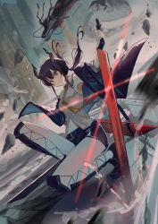 Rule 34 | 1girl, absurdres, arknights, bare shoulders, belt, black jacket, black shorts, blue hair, building, ch&#039;en (arknights), city, closed mouth, collared shirt, commentary, destruction, dragon, dragon horns, dutch angle, full body, gleam, highres, holding, holding sword, holding weapon, horns, jacket, knee up, long hair, long sleeves, natsuba002, navel, necktie, off shoulder, open clothes, open jacket, red eyes, sheath, shin guards, shirt, shorts, sleeveless, sleeveless shirt, solo, squatting, sword, unsheathed, weapon, white shirt, yellow necktie