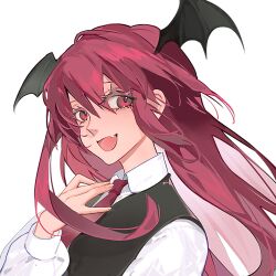 Rule 34 | 1girl, :d, black vest, collared shirt, commentary, commission, fang, hand up, head wings, highres, kaoru (alicemakoto), koakuma, long hair, long sleeves, looking at viewer, necktie, open mouth, red eyes, red hair, red necktie, shirt, simple background, smile, solo, touhou, upper body, vest, white background, white shirt, wing collar, wings