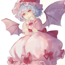 Rule 34 | 1girl, back bow, bat wings, blue hair, bow, dress, dress bow, frilled shirt collar, frilled sleeves, frills, hand on own face, hat, hat ribbon, looking at viewer, mob cap, pink dress, puffy short sleeves, puffy sleeves, red bow, red eyes, red ribbon, remilia scarlet, ribbon, short hair, short sleeves, simple background, solo, sorani (kaeru0768), touhou, white background, wings, wrist cuffs