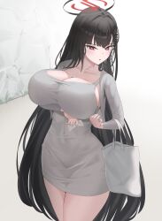 Rule 34 | 1girl, absurdres, bad anatomy, bad arm, black hair, blue archive, blush, breasts, collarbone, cowboy shot, dongtan dress, dress, grey dress, hair ornament, hairpin, halo, highres, large breasts, long hair, long sleeves, meme attire, mint cat (a huu), parted lips, red eyes, rio (blue archive), solo, thighs
