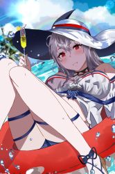 Rule 34 | 1girl, absurdres, arknights, artist name, bare shoulders, black choker, blue shorts, breasts, choker, cleavage, crazy straw, cup, day, drinking glass, drinking straw, food, fruit, hat, heart straw, highres, holding, holding cup, innertube, jannong, knees together feet apart, knees up, lemon, lemon slice, long hair, looking at viewer, low-tied long hair, medium breasts, mixed-language commentary, off-shoulder shirt, off shoulder, official alternate costume, outdoors, parted lips, red eyes, sandals, shirt, short shorts, shorts, silver hair, sitting, skadi (arknights), skadi (waverider) (arknights), smile, solo, splashing, stomach, sun hat, swim ring, swimsuit, tree, twitter username, very long hair, water, white hat, white shirt