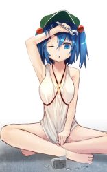 Rule 34 | 1girl, amekosame, arm up, armpits, bad id, bad twitter id, bare shoulders, barefoot, blue eyes, blue hair, bottomless, breasts, cleavage, hair bobbles, hair ornament, hat, highres, indian style, kawashiro nitori, key, matching hair/eyes, naked shirt, one eye closed, open mouth, radio, shirt, short hair, simple background, sitting, solo, tank top, touhou, two side up, wet, white background, wrench