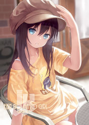 Rule 34 | 1girl, arm up, blouse, blue eyes, blurry, bra, brown hair, brown hat, cabbie hat, capriccio, chair, clothes writing, commentary request, day, depth of field, hair between eyes, hat, long hair, looking at viewer, mayonnaise, nintendo, off shoulder, one-piece swimsuit, outdoors, panties, pantyshot, print shirt, shirt, short sleeves, sitting, solo, splatoon (series), swimsuit, swimsuit under clothes, table, underwear, white bra, white one-piece swimsuit, white panties, yellow shirt
