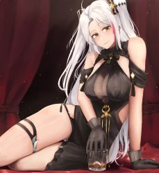 Rule 34 | 1girl, absurdres, alcohol, alternate costume, antenna hair, arm support, azur lane, black dress, blush, bow, breasts, brown eyes, cross, cup, dress, drinking glass, eko.art, gloves, hair between eyes, highres, huge filesize, iron cross, large breasts, long hair, looking at viewer, mole, mole on breast, multicolored hair, prinz eugen (azur lane), prinz eugen (cordial cornflower) (azur lane), red hair, silver hair, skindentation, solo, streaked hair, thigh strap, thighs, two side up, very long hair