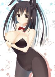 Rule 34 | 1girl, :3, absurdres, alternate costume, animal ears, arm under breasts, bare arms, bare shoulders, black hair, black leotard, black pantyhose, blunt ends, blush, bow, bowtie, breasts, cleavage, closed mouth, collarbone, commentary request, covered erect nipples, cowboy shot, curvy, detached collar, drop shadow, fake animal ears, gluteal fold, hair between eyes, half updo, highleg, highleg leotard, highres, large breasts, leotard, long hair, looking at viewer, nipples, one breast out, pantyhose, playboy bunny, presenting, rabbit ears, red bow, red bowtie, sanoba witch, seductive smile, shikoziro, sidelocks, simple background, smile, solo, star (symbol), straight hair, strapless, strapless leotard, togakushi touko, two side up, white background, yellow eyes